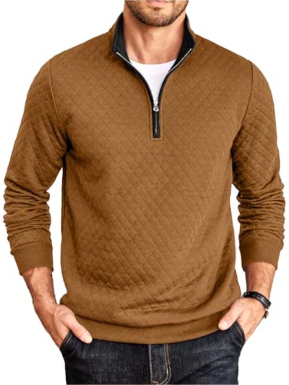 Mens Quarter Zip Pullover Mock Neck Quilted Sweatshirt Casual Long Sleeve